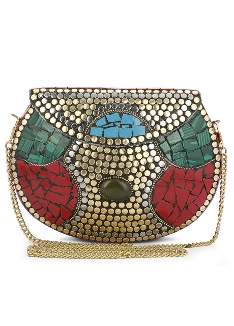 VOILA Red & Gold-Toned Chipped Stone Handmade Brass Clutch